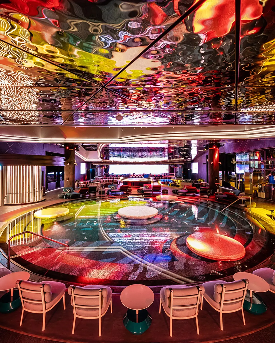 Mirrored ceiling above the pool at Chroma, Paradise City